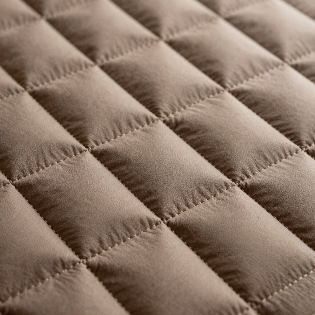 Detailed macro photography of quilted nylon texture with elegant diamond stitching in walnut brown and warm beige tones, clean quiet luxury mood, Central European aesthetic.