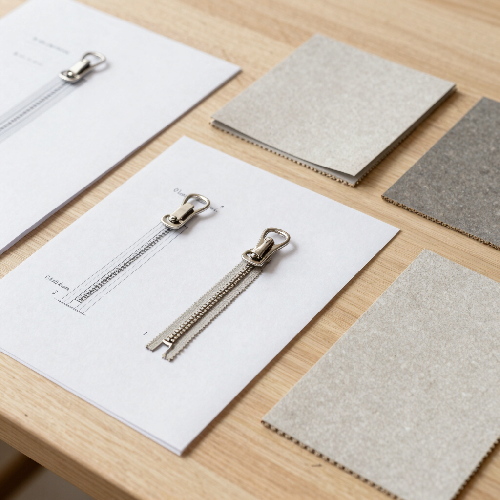 An artistic minimalist flatlay showing design sketches, high quality recycled material swatches, and polished metal zipper pulls on a neutral wooden table, Central European style, warm natural daylight.